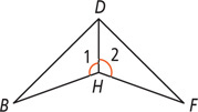 Triangles BDH and FDH share side DH, with angle 1 at BHD and angle 2 at FHD.