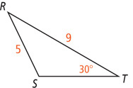 Triangle RST has side RS measuring 5, side RT measuring 9, and angle T measuring 30 degrees.