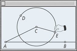 A circle intersects ray AB. Segments connect the center of the circle, C, to A and point E on the circle.