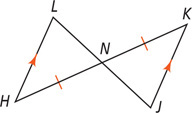 Triangles HNL and KNJ share vertex N, which bisects HK, with sides HL and KJ parallel.