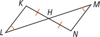 Triangles KHL and MHN share vertex H, with angles L and M equal and sides HK and HN equal.