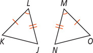 Between triangles JKL and NMO, angles L and M are equal, sides LK and NO are equal, and sides KL and NM are equal.