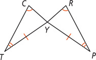 Triangles CYT and RYP share vertex Y, with angles C and R equal, angles T and P equal, and sides YT and YP equal.
