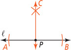 Horizontal line l contains point P. From P, arcs are drawn on l at A and B, left and right of P, respectively. From A and B, arcs are drawn above l, intersecting at C. A vertical line passes through C and P.
