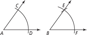 From angle A, a large arc passes through C on the horizontal ray and D on the diagonal ray. From angle B, a large arc passes through F on the horizontal ray. From F, a small arc intersects the large arc at point E on the second ray.