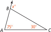 Triangle ABC has angle A measuring 75 degrees, angle C measuring 30 degrees, and angle between BC and extension of AB measuring x degrees.