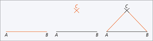 A segment extends between endpoints A and B. Arcs drawn from A and B intersect at C above. Segments are drawn from A and B to C, forming triangle ABC.