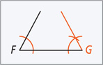 Angle F has an arc drawn through the two rays. Point G is at the other end of horizontal ray, with the same arc passing through it. An arc from this intersection intersects the original arc, with a ray from G passing through the intersection.