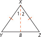 Triangle XYZ has sides XY and XZ equal. A segment from Y meets YZ at B, forming angles 1, at YXB, and 2, at ZYB.