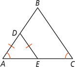 Triangle ABC, with angles A and C equal, has segment DE extending from AB to AC, forming triangle ADE with sides AD and ED equal.