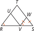 Triangle RST has segments from U on RT and W on ST meeting at V on RS. Angles R and WVS are equal, and sides WV and WS are equal.