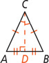 Triangle ABC is divided by CD into right triangles ACD and BCD, with sides AC and BC equal and sides AD and BD equal.