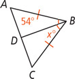 Triangle ABC, with angle A measuring 54 degrees, is divided by BD into two triangles, with AB and CB equal. Angle CBD, measuring x degrees, is equal to angle ABD.