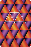 A pattern of triangles has all sides of the triangles equal. Three in a row form quadrilateral ABCD with internal segments DE and CE.