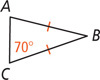 Triangle ABC has angle C measuring 70 degrees and sides AB and CB equal.