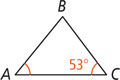 Triangle ABC has angle C, measuring 53 degrees, equal to angle A.