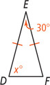 Triangle DEF has sides DE and FE equal, with angle E measuring 30 degrees and angle D measuring x degrees.