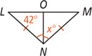 Triangle LMN, with sides LN and MN equal and angle L measuring 42 degrees, is divided into two triangles by NO. Angle MNO, measuring x degrees, is equal to angle LNO.