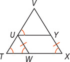 Triangle TUX, with angle T equal to angle X, is divided by UY and UW into triangles VUY on top and triangle TUW on the bottom left. Angles T, X, TWU, and VUY are equal, and sides UW and YX are equal.