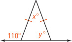 A triangle has two equal sides with angle between them measuring x degrees. The third side lies on a horizontal line, with right interior angle measuring y degrees and left exterior angle measuring 110 degrees.