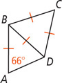 Triangles ABD and CBD share side BD, which is equal to sides AB, BC, and CD. Angle A measures 66 degrees.