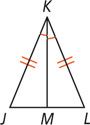 Triangle JKL is divided by KM into two triangles, with sides JK and LK equal and angles JKM and LKM equal.