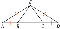 Triangle AED, with sides AE and DE equal, is divided into three triangles by EB and EC, with sides AB and CD equal.