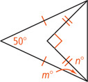 A triangle with two equal sides meeting at 50  degree angle has equal segments from the base angles meeting at a right angle inside the larger triangle. One segment is m degrees from a leg and n degrees from the base.