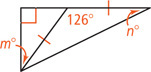 A right triangle, with one angle measuring n degrees, has a segment from the other angle, m degrees from the leg, meeting the opposite side, forming a triangle with two equal sides, one adjacent to n degree angle, with angle measuring 126 degrees between them.