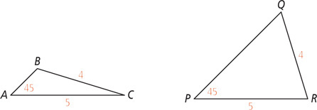 Triangle ABC has angle A measuring 45 degrees, side BC measuring 4, and side AC measuring 5. Triangle PQR has angle P measuring 45 degrees, side PR measuring 5, and side QR measuring 4.