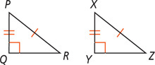 Triangles PQR and XYZ have right angles at Q and Y, with sides PR and XZ equal and sides PQ and XY equal.