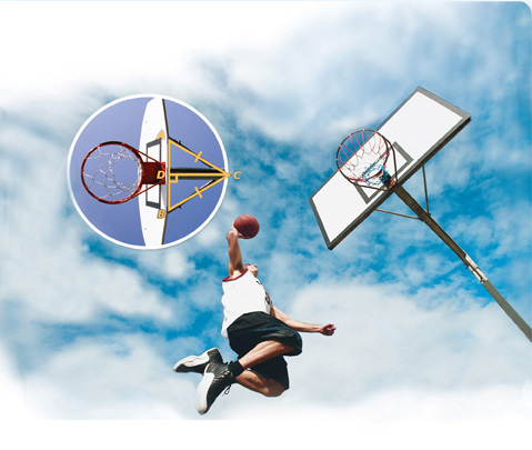 Basketball backboard brackets form right triangles ABC and BCD, sharing leg DC, with hypotenuse AC equal to hypotenuse BC.