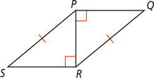 Right triangles PRS and RPQ share leg PR, with hypotenuse PS equal to hypotenuse RQ.