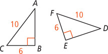 Triangles ABC and DEF have angles B and E as right angles, sides AC and DF measuring 10, and sides BC and EF measuring 6.