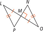 Triangle LMP and OMN share vertex M, with angle OMN a right angle, sides LM and MO equal, and sides LP and OM equal.