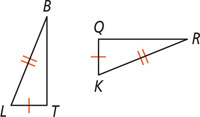 Between triangles BLT and RKO have sides BL and RK equal and sides LT and QK equal.