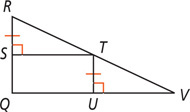 Triangle RQV has segments from T on RV extending to S on RQ and U on QV, forming triangles RST and TUV with right angles at S and U and sides RS and TU equal.