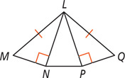 Triangle LNP shares side LN with triangle MNL and side LP with triangle QPL, with angles MNL and QPL as right angles and sides ML and QL equal.