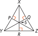 Triangle XYZ has diagonals XR, YQ, and ZP from each vertex to the opposite sides, intersecting at S, forming six triangles. Triangle XPS has right angle P, triangle XQS has right angle R, and triangle ZRS has right angle R.