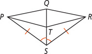 Quadrilateral PQRS has vertical line QTS, with diagonals PR and RT. Sides PS and RS are equal, and angle PST and RST are equal.