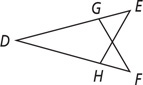 Overlapping triangles DEH and DFG share vertex D with sides EH and FG intersecting.
