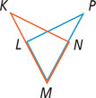 Red triangle KMN and blue triangle PML overlap, sharing vertex M, with side KN intersecting side PL.