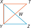 Red triangle XYT and blue triangle XYZ overlap, sharing side XY, with sides XZ and TY intersecting at W.