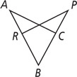 A figure with vertices A, B, and P has sides AB and PB, with a segment from P meeting at AB at R, intersecting a segment from A meeting PB at C.
