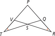 Overlapping triangles PQT and PVR share vertex P, with sides QT and VR intersecting at S, and angles T and R equal.