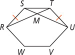 Hexagon RSTUVW, with RS and TU equal, has diagonals SU and RT intersecting at M.