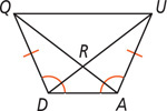 Quadrilateral QUAD, with QD and UA equal and angles A and D equal, has diagonals QA and UD intersecting at R.