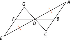 Triangles ADC and EDG share vertex D, with sides DE and DA equal. A segment from F on GE passes through D to B on AC.