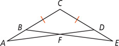 Overlapping triangles ACD and ECB share vertex C, with sides AD and EB intersecting at F, and sides CD and CB equal.