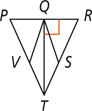 Triangle PRT has a segment from T meeting PR at a right angle at Q. Segments from Q lead to V on PT and S on RT.